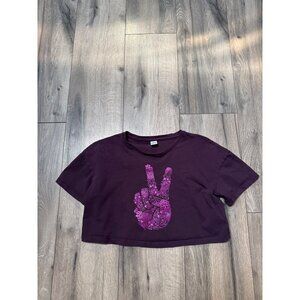 Old Navy Purple Cropped T-Shirt With Floral Peace Sign Graphic Size L (10-12)